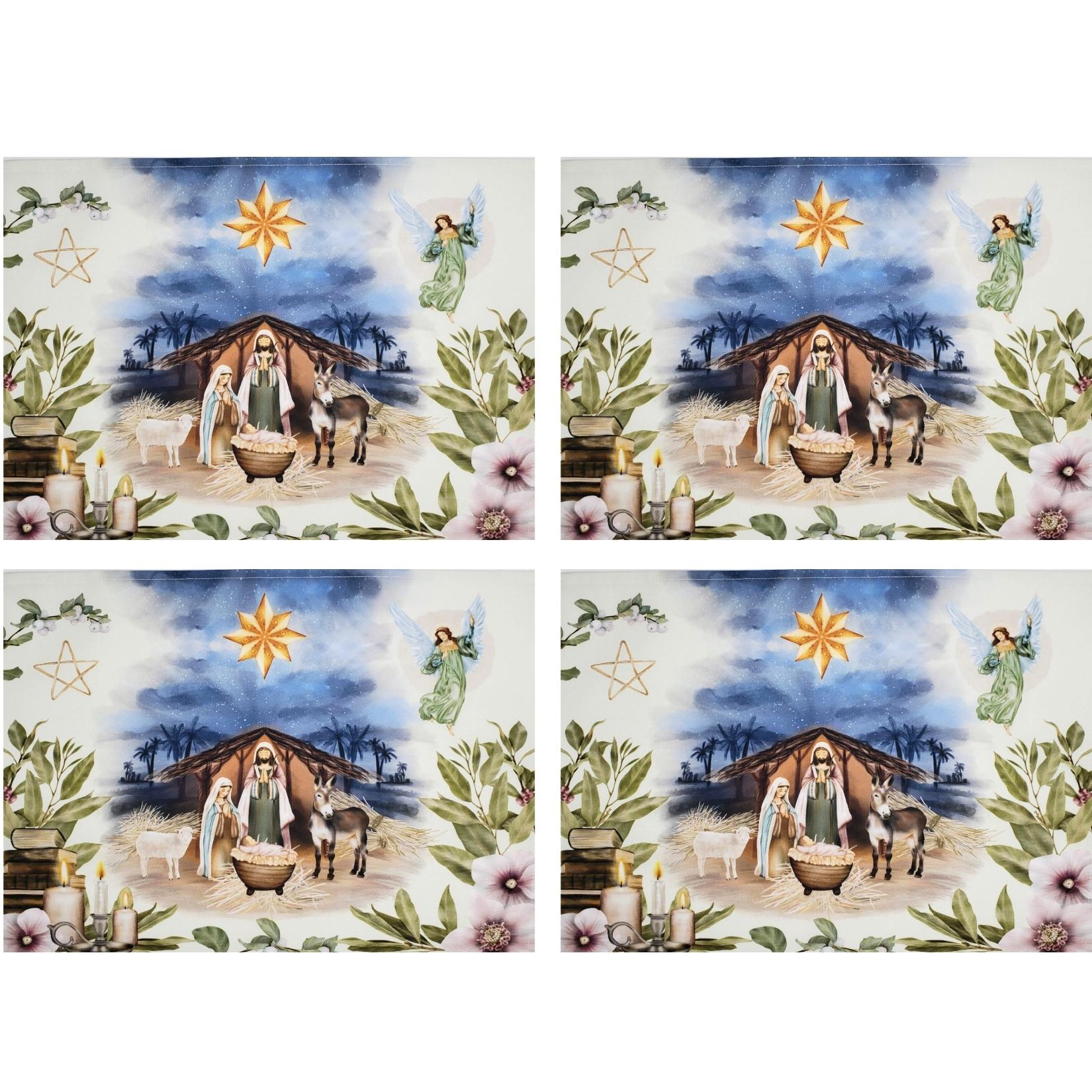 Set of 4 Placemats Christmas Happy Night Cloth Waterproof 17" by 13" -  White