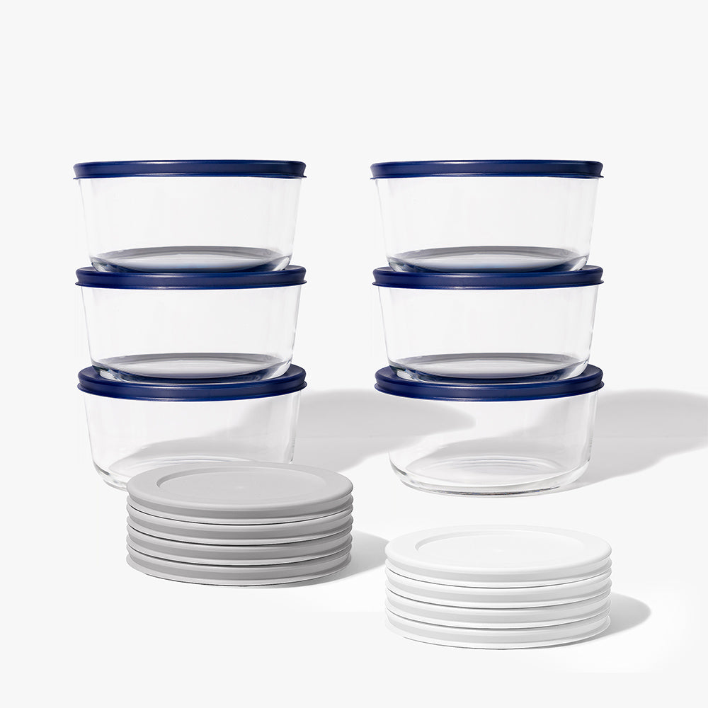 12 Piece (4 Cup / 32oz) Round Glass Food Storage Container Set (6 Containers + 6 Lids) with Bonus Lids