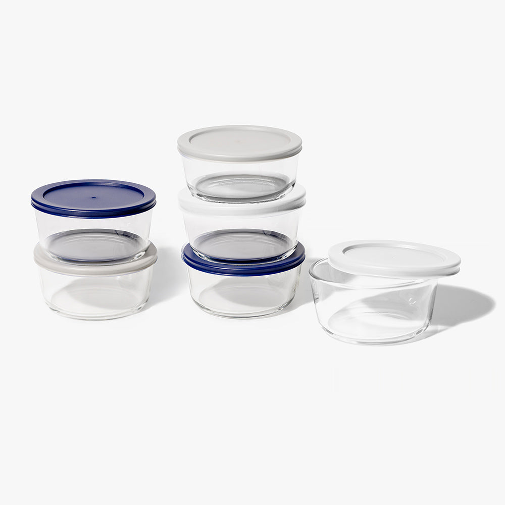 12 Piece (4 Cup / 32oz) Round Glass Food Storage Container Set (6 Containers + 6 Lids) with Bonus Lids