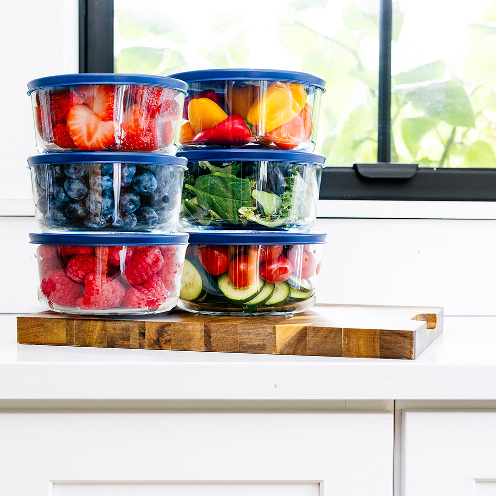 12 Piece (4 Cup / 32oz) Round Glass Food Storage Container Set (6 Containers + 6 Lids) with Bonus Lids