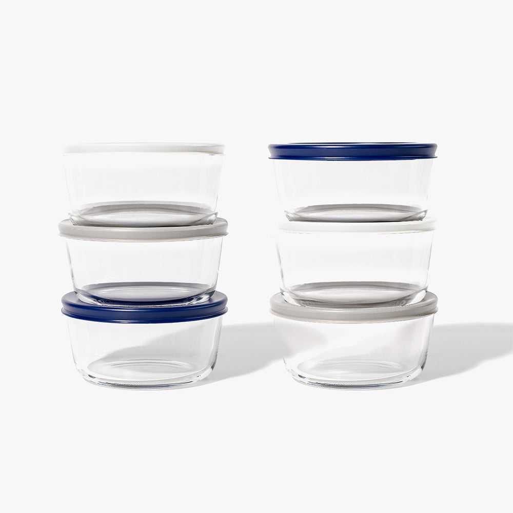 12 Piece (4 Cup / 32oz) Round Glass Food Storage Container Set (6 Containers + 6 Lids) with Bonus Lids