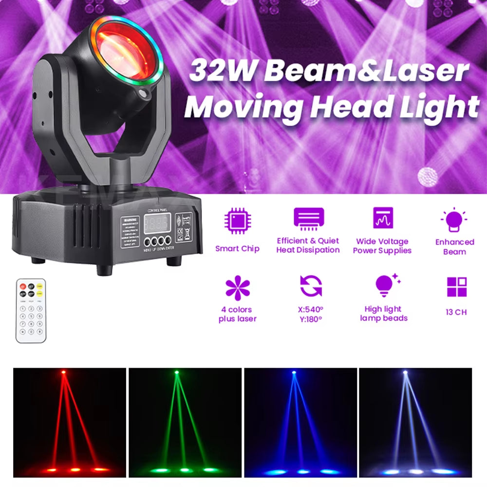 Lyre Beam 32W Mini Moving Head Light - DMX512 RGBW 4-in-1 Strobe for Party, Show, Club